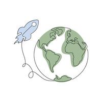 Globe and rocket drawn in one continuous line in color. One line drawing, minimalism. vector