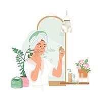 Young girl applying cleansing and moisturizing face skincare products with natural wood bottles at home. Everyday skin care routine. Flat illustration young woman with natural cosmetics vector