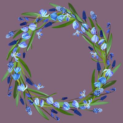 Wreath of snowdrops and muscari on a purple background