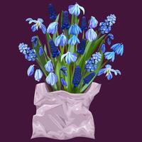 ramo de flores de campanillas y muscari en un bolso en un oscuro antecedentes vector