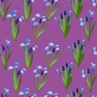 Seamless pattern of snowdrops and muscari on a pink background vector