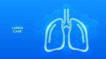 Lungs icon. Human respiratory system lungs anatomy. Treatment of lung diseases tuberculosis, pneumonia, asthma. Molecular structure. Blue medical background with hexagons. illustration. vector