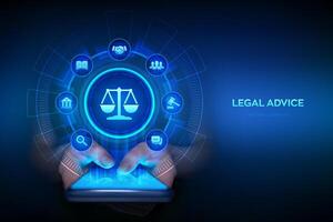 Labor law, Lawyer, Attorney at law, Legal advice concept on virtual screen. Cyberlaw as digital legal services or online lawyer advice. Smartphone in hands. Using smartphone. illustration. vector