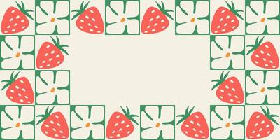 Colorful retro style rectangular frame of strawberries and flowers . Vintage style hippie clipart element design collection. Hand drawn nature collage, summer blank template with flowers and vector