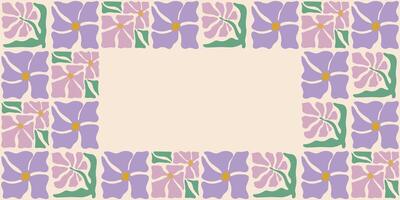 Colorful retro style rectangular frame featuring lavender flowers. Vintage style hippie clipart element design collection. Hand drawn nature collage, summer blank template with flowers. vector