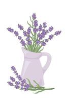 Hand painted bouquet of blooming lavender in purple jug and lavender sprig by the jug.Contemporary abstract painting. Template for social media and design cards, invitations, covers vector