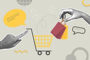 Trendy halftone collage of business concept in retro style. Shopping cart and hands with shopping. illustration of sales, increase sales,financial profit, global strategy. vector