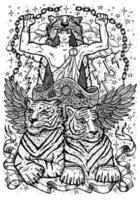 Tiger symbol. Chariot with athletic man, tiger beasts and mystic signs vector