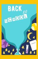 Back to school, online school banner, poster. Yellow backpack with school supplies on the background of a checkered paper with different doodle scientific icons, illustration vector