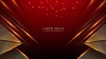 Red luxury background with golden lines triangle corner, glowing lines elegant shine and glittering light effects elements vector