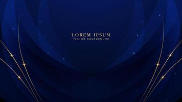 Blue luxury background with golden line, blue curve, shiny dots and glitter light effect. Elegant style design vector