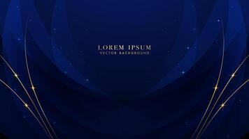 Blue luxury background with golden line, blue curve, shiny dots and glitter light effect. Elegant style design vector