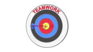 An arrow flies and hits the target of a text TEAMWORK. Concept of target, success, solution. 3D animation. video