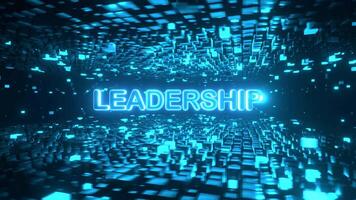 LEADERSHIP text inside rotating cube platforms in cyberspace. High-tech neon 3D animation. video