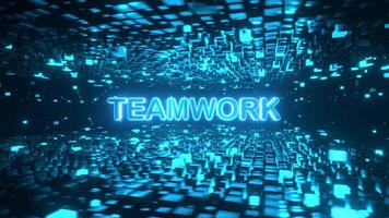 TEAMWORK text inside rotating cube platforms in cyberspace. High-tech neon 3D animation. video