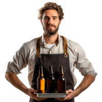 Waiter with beer bottles on the tray on isolated transparent background png