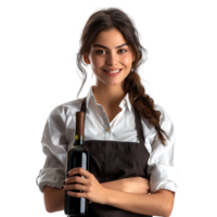 Portrait of beautiful smiling waitress holding bottle of wine on isolated transparent background png