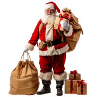 Santa claus with bag, filled gift boxes on isolated transparent background png