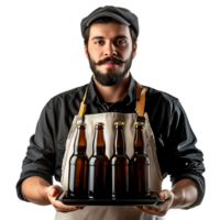 Cameriere con birra bottiglie su il vassoio su isolato trasparente sfondo png