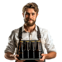 Waiter with beer bottles on the tray on isolated transparent background png