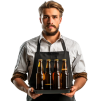 Cameriere con birra bottiglie su il vassoio su isolato trasparente sfondo png