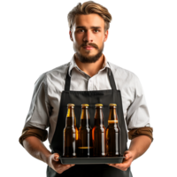 ober met bier flessen Aan de dienblad Aan geïsoleerd transparant achtergrond png