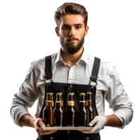 Waiter with beer bottles on the tray on isolated transparent background png