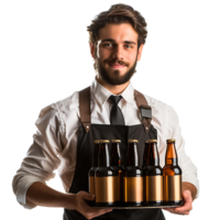 Waiter with beer bottles on the tray on isolated transparent background png