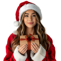 Woman wearing christmas costume holding gift on isolated transparent background png