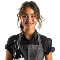 Portrait of beautiful smiling waitress holding bottle of wine on isolated transparent background png