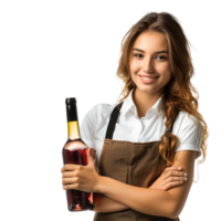 Portrait of beautiful smiling waitress holding bottle of wine on isolated transparent background png