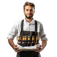 Waiter with beer bottles on the tray on isolated transparent background png