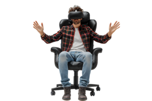 Caucasian male wearing virtual reality headset and sitting on chair on isolated transparent background png