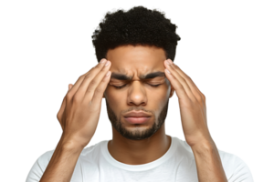 Man suffering from headache, pressing fingers to temples with closed eyes on isolated transparent background png