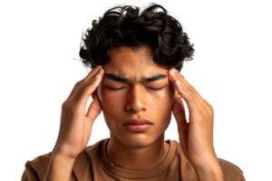 Man suffering from headache, pressing fingers to temples with closed eyes on isolated transparent background png