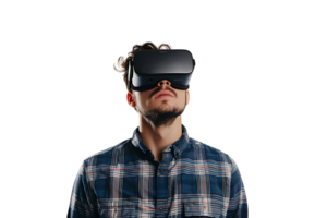 Caucasian male wearing virtual reality headset on isolated transparent background png