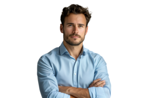 retrato de joven hermoso hombre en azul camisa en aislado transparente antecedentes png