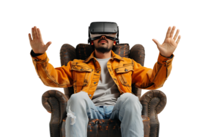 Caucasian male wearing virtual reality headset and sitting on chair on isolated transparent background png