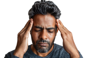 Man suffering from headache, pressing fingers to temples with closed eyes on isolated transparent background png