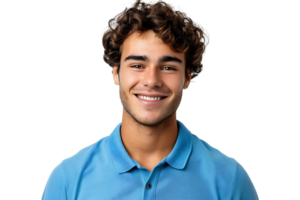 cerca arriba retrato de joven sonriente hermoso hombre en azul polo camisa en aislado transparente antecedentes png