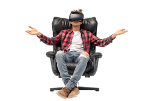 caucásico masculino vistiendo virtual realidad auriculares y sentado en silla en aislado transparente antecedentes png