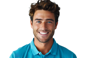 vicino su ritratto di giovane sorridente bello uomo nel blu polo camicia su isolato trasparente sfondo png