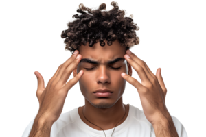 Man suffering from headache, pressing fingers to temples with closed eyes on isolated transparent background png