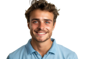 fechar acima retrato do jovem sorridente bonito homem dentro azul pólo camisa em isolado transparente fundo png