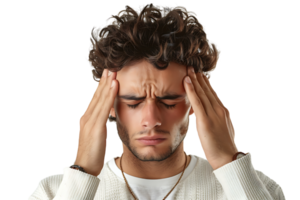 Man suffering from headache, pressing fingers to temples with closed eyes on isolated transparent background png