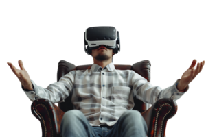 Caucasian male wearing virtual reality headset and sitting on chair on isolated transparent background png