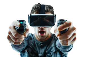 Mann tragen virtuell Wirklichkeit Headset und spielen Spiel auf isoliert transparent Hintergrund png