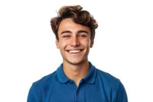 cerca arriba retrato de joven sonriente hermoso hombre en azul polo camisa en aislado transparente antecedentes png