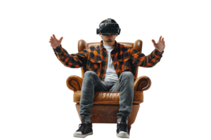 kaukasisch männlich tragen virtuell Wirklichkeit Headset und Sitzung auf Stuhl auf isoliert transparent Hintergrund png