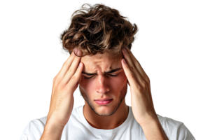 Man suffering from headache, pressing fingers to temples with closed eyes on isolated transparent background png